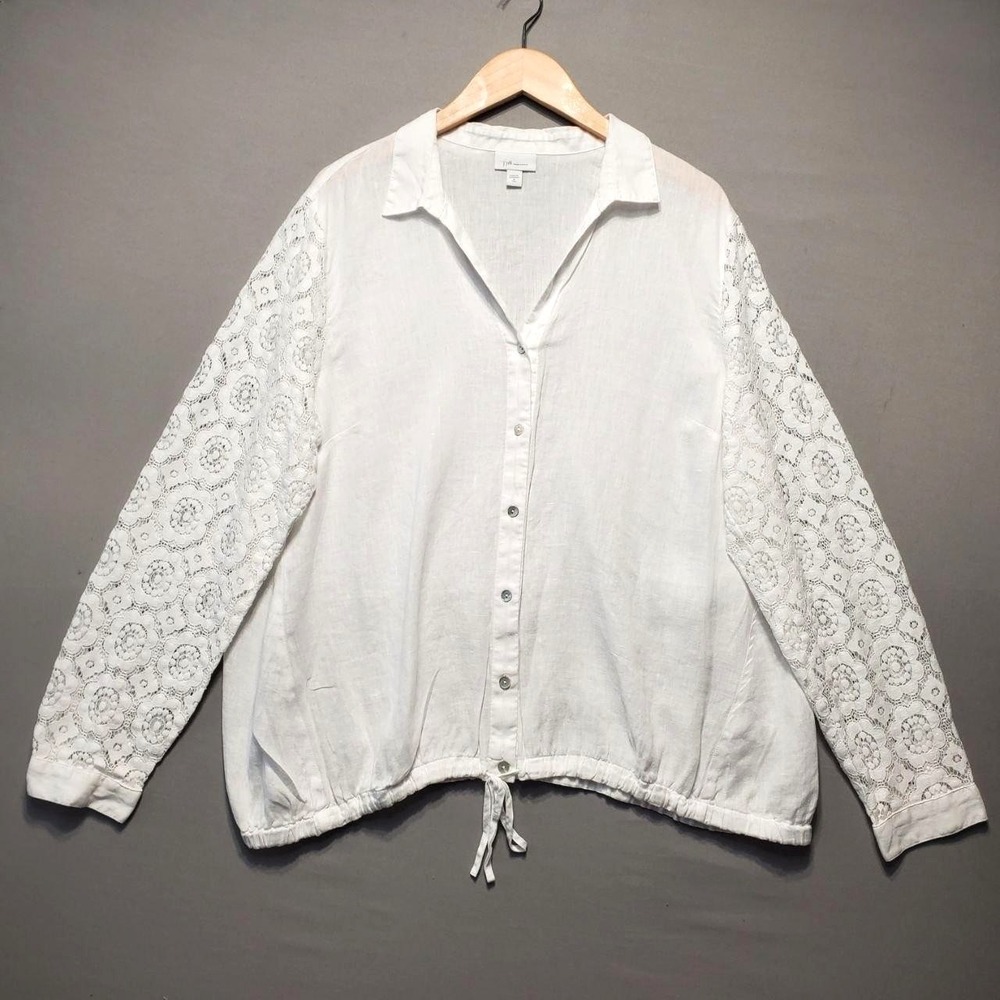 J Jill Love Linen Crochet‎ Sleeve Blouse Womens XL Tall White Boho Resort Beach